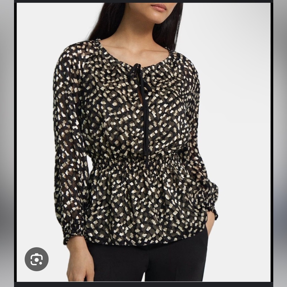 THEORY NWT GEO PRINT RAYON/SILK L/S BLACK MULTI SQUARE BURNOUT BLOUSE